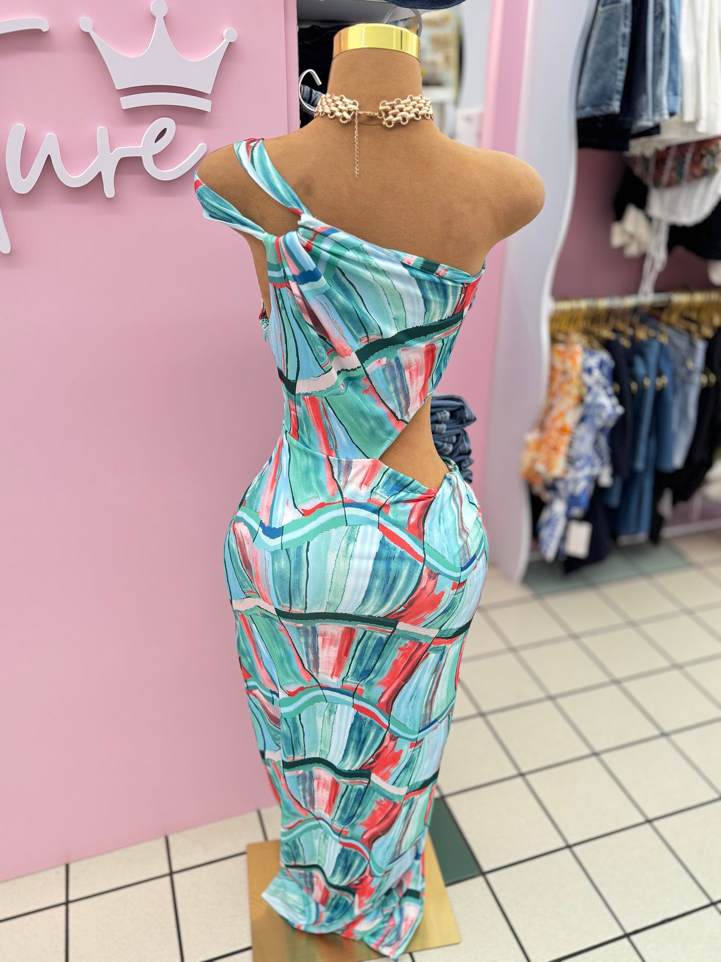 Abstract One-Shoulder Cut-Out Maxi Dress