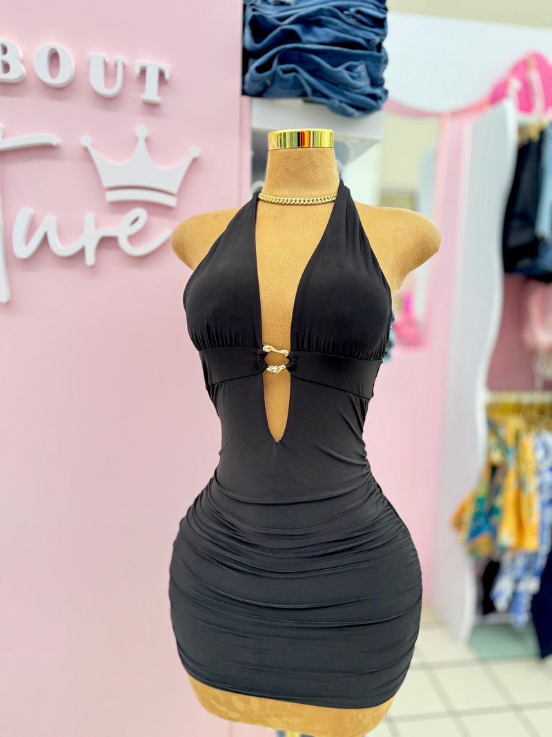 Golden Touch Halter Mini Dress - Black