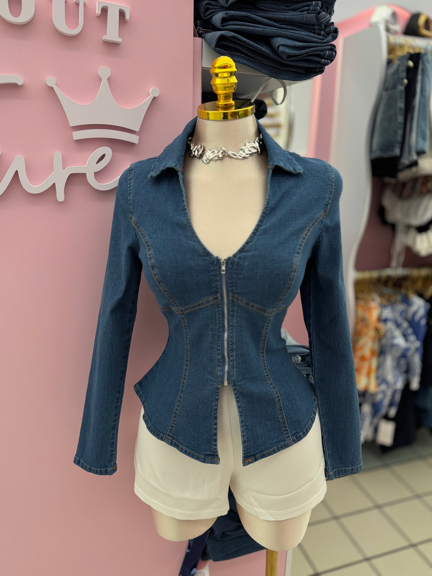 Denim Zip-Up Corset Blouse