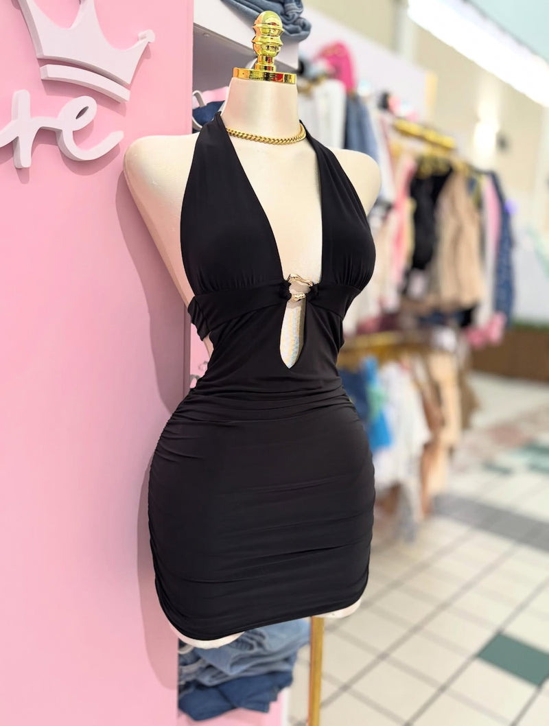 Gold Detail Halter Mini Dress