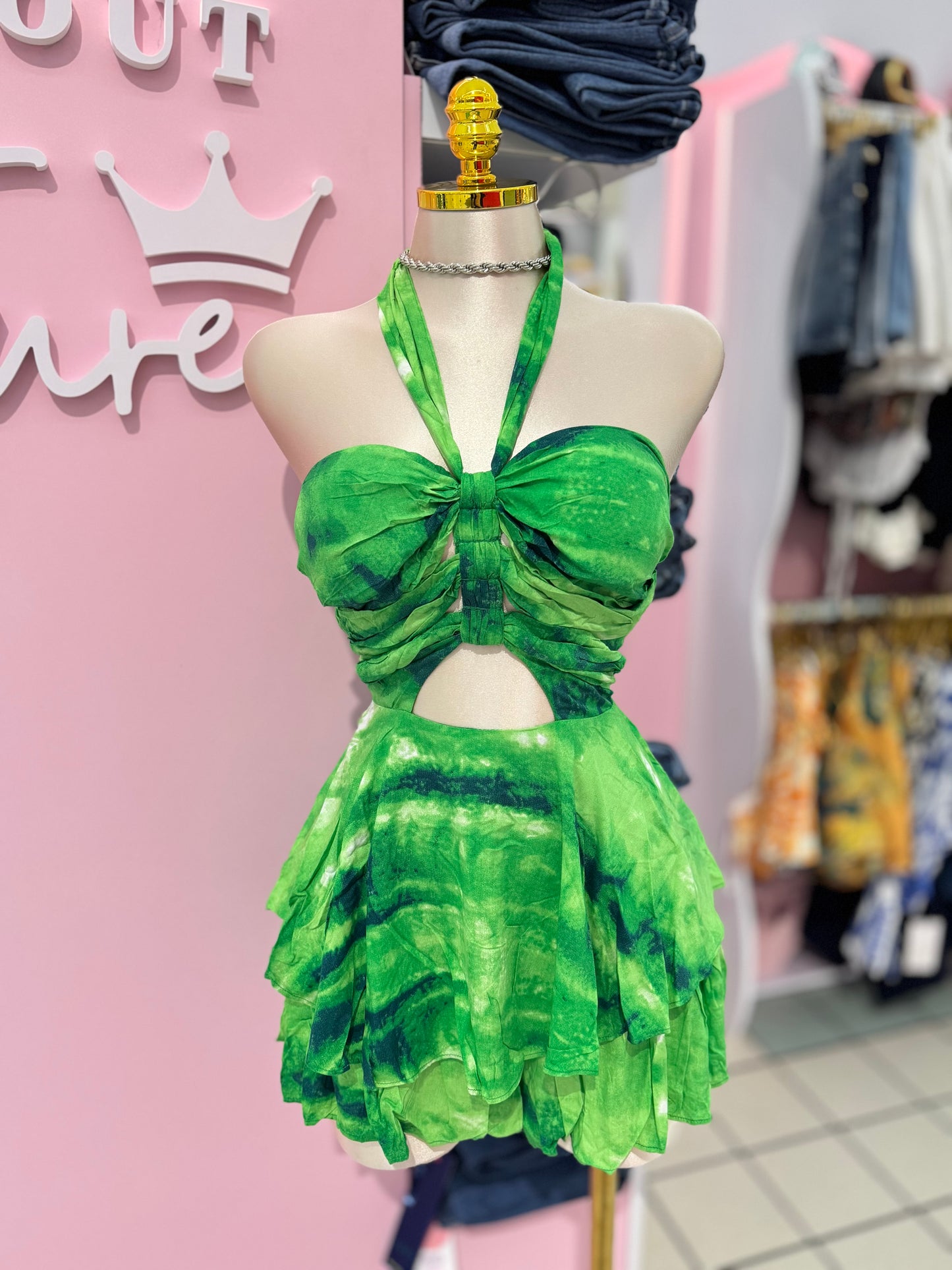 Green Tie-Dye Halter Romper