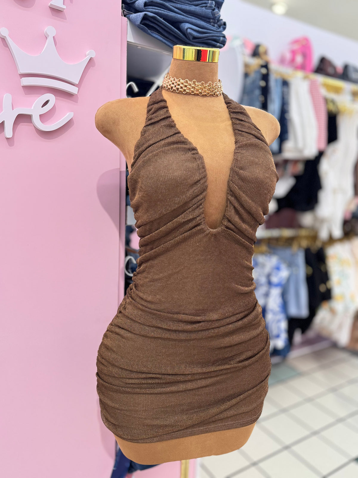 Ruched Halter Mini Dress – Chocolate