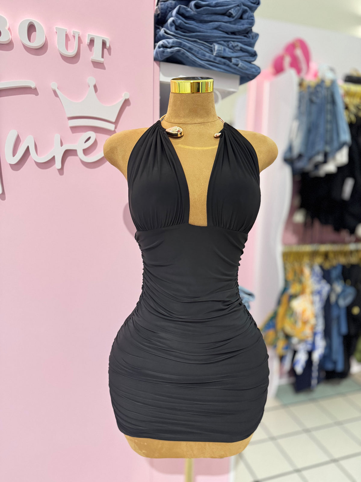 Golden Touch Mini Dress – Black