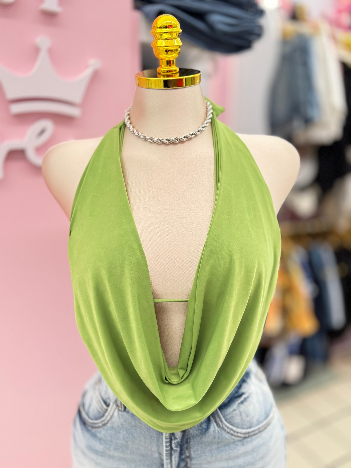Green Cowl Neck Halter Top