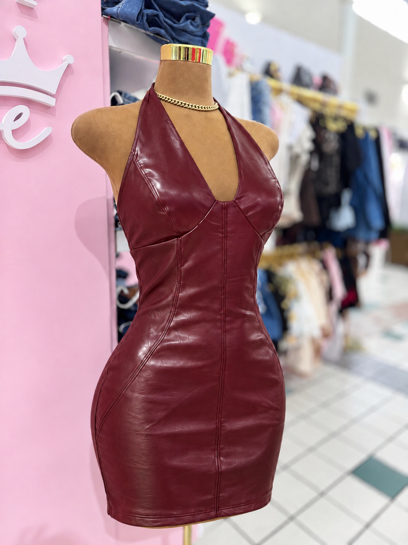 Burgundy Affair Leather Mini Dress