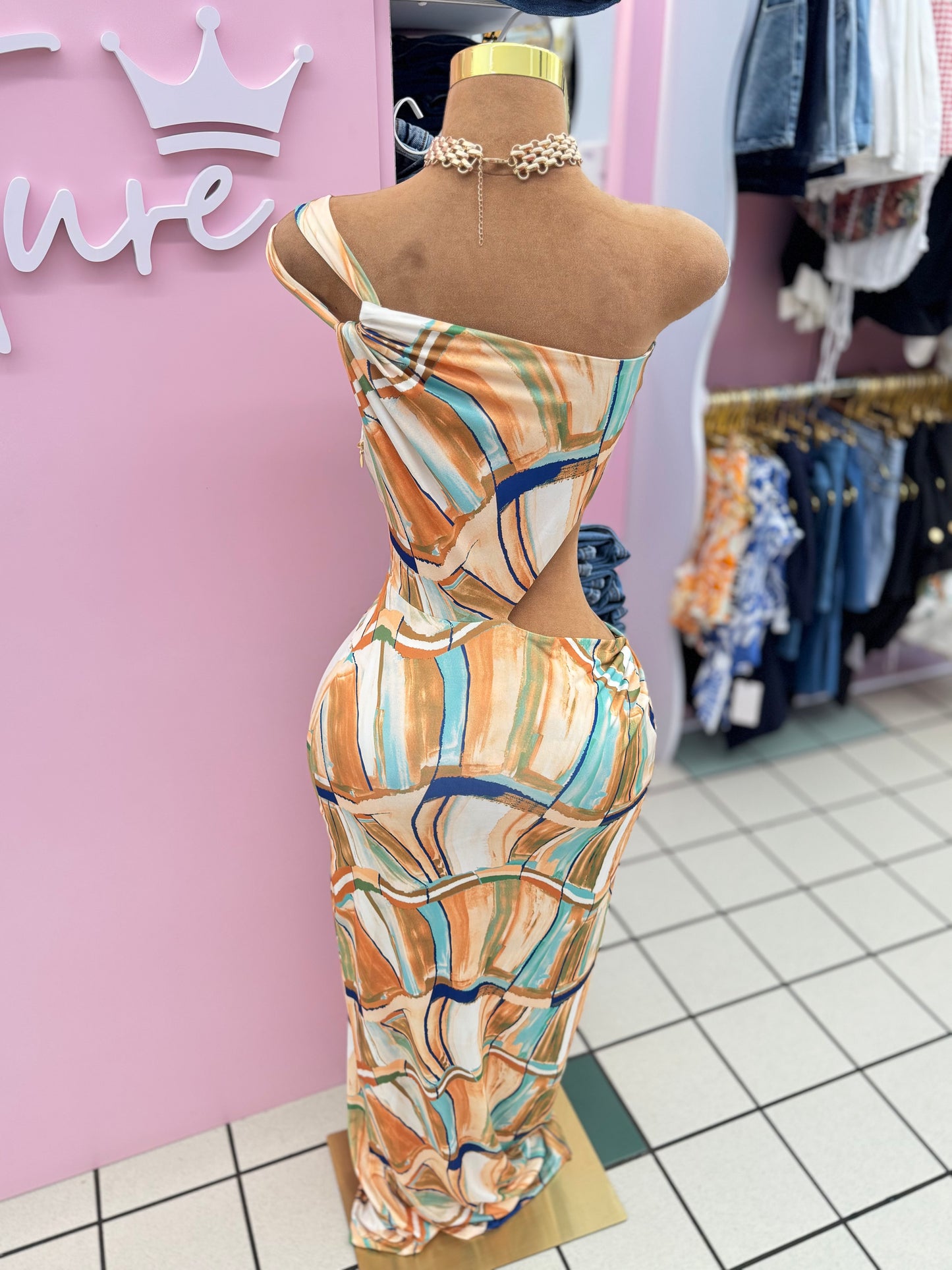 Golden One-Shoulder Cut-Out Maxi Dress