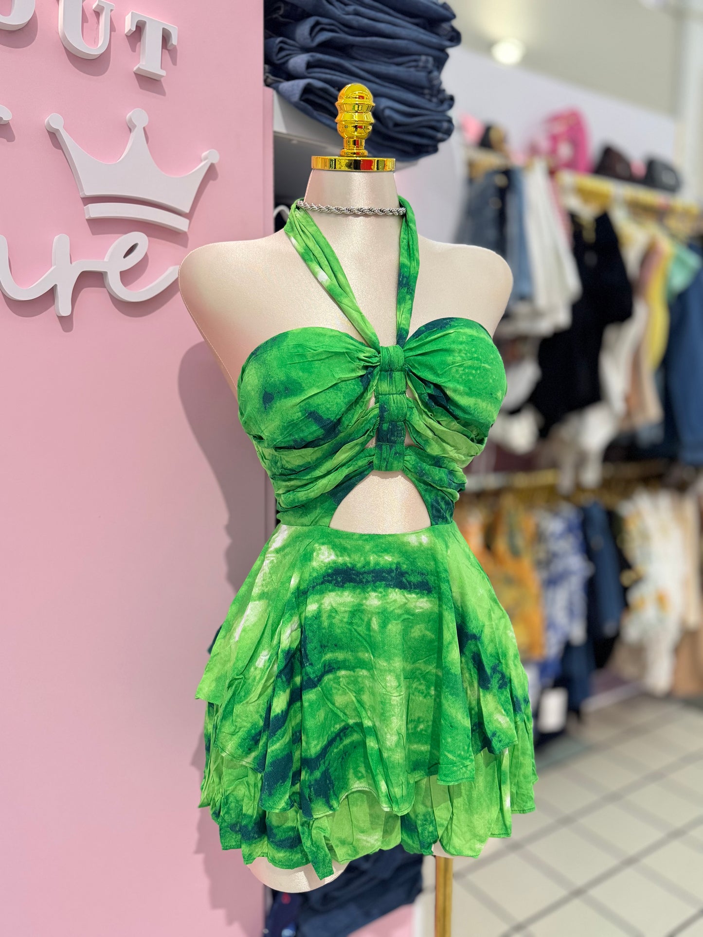 Green Tie-Dye Halter Romper