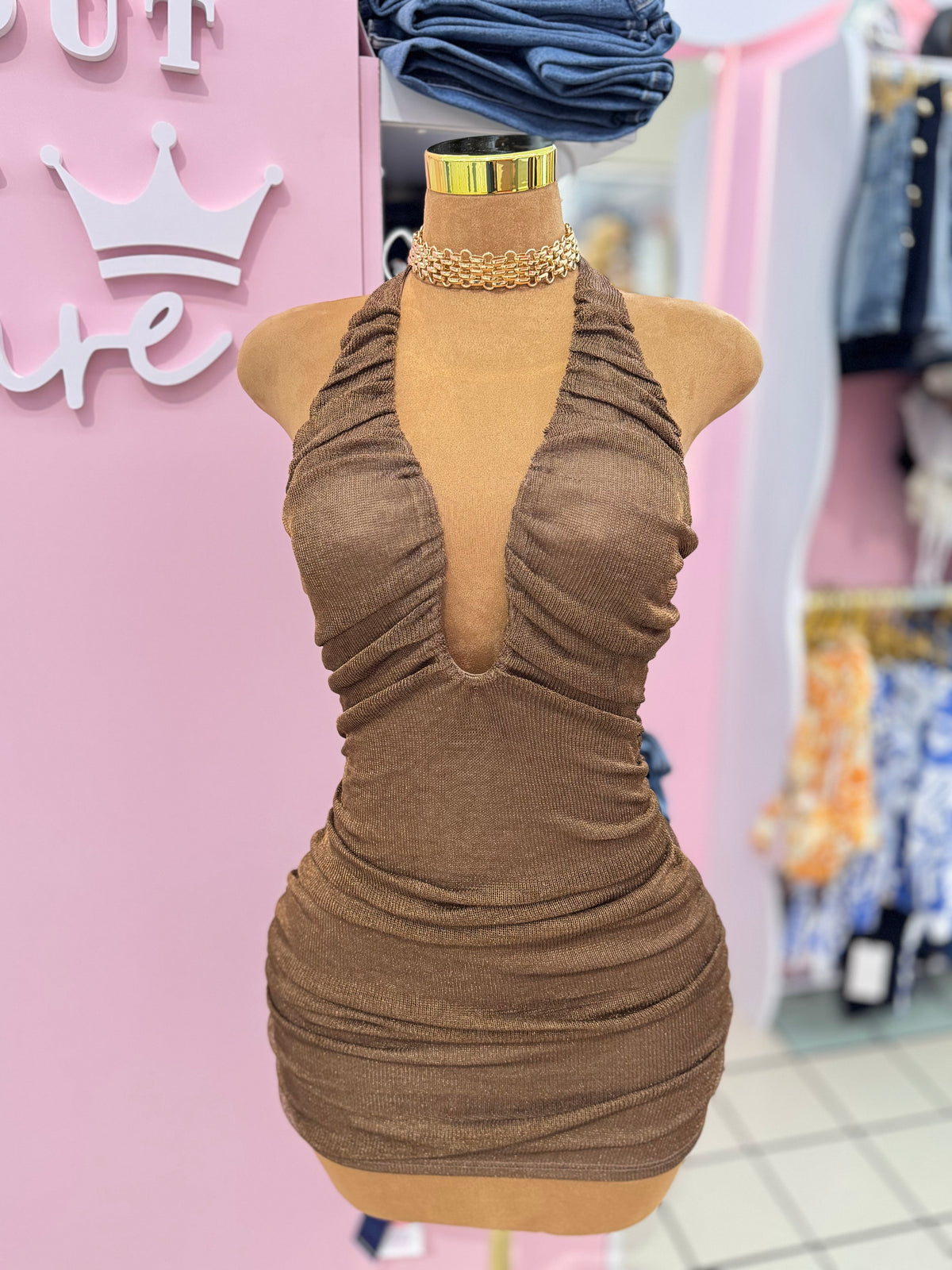 Ruched Halter Mini Dress – Chocolate