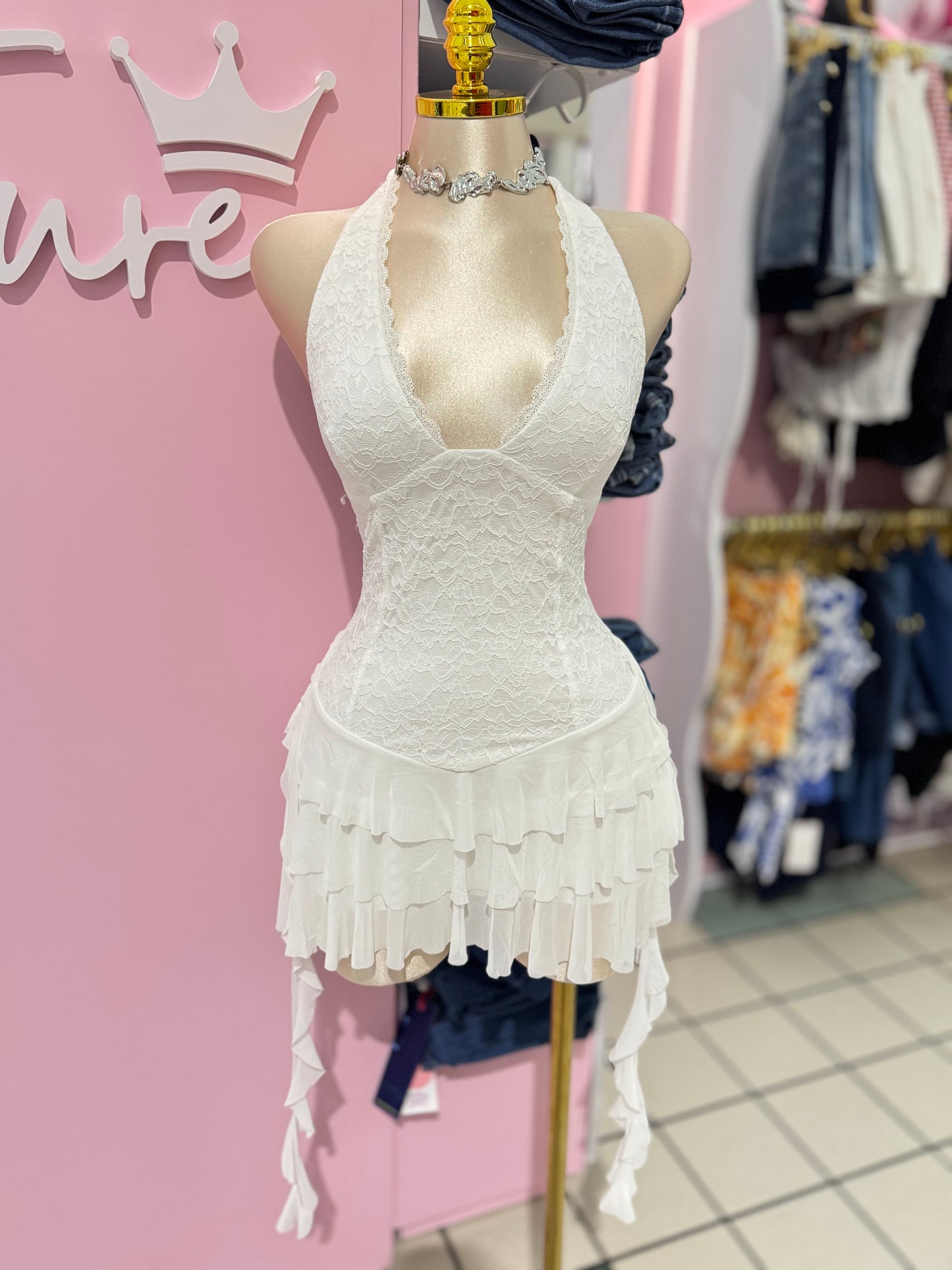 White Lace Ruffle Mini Dress