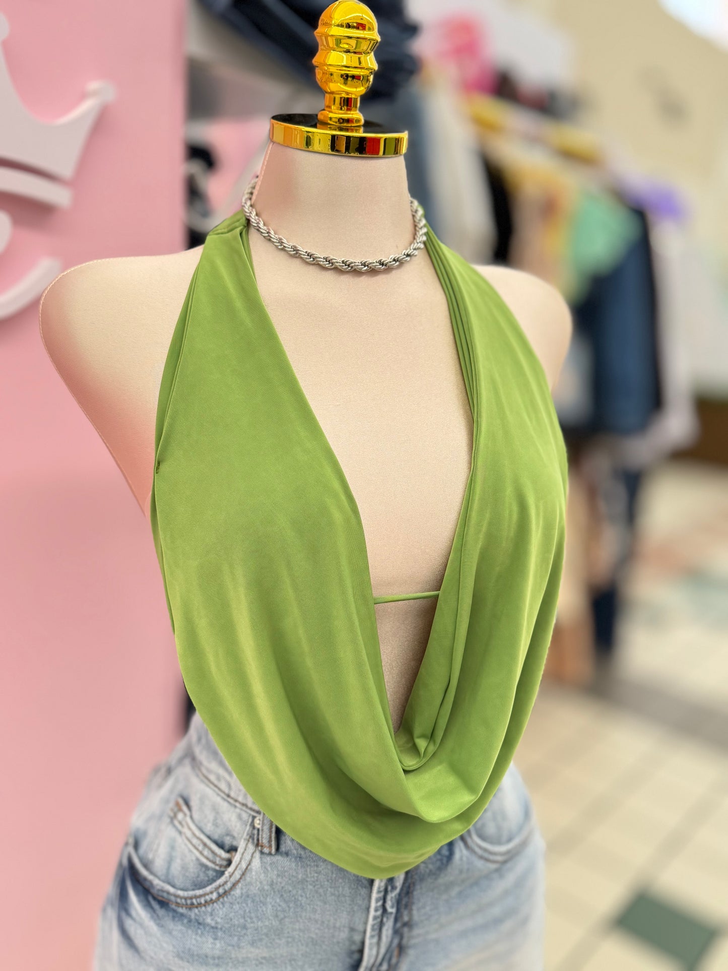 Green Cowl Neck Halter Top