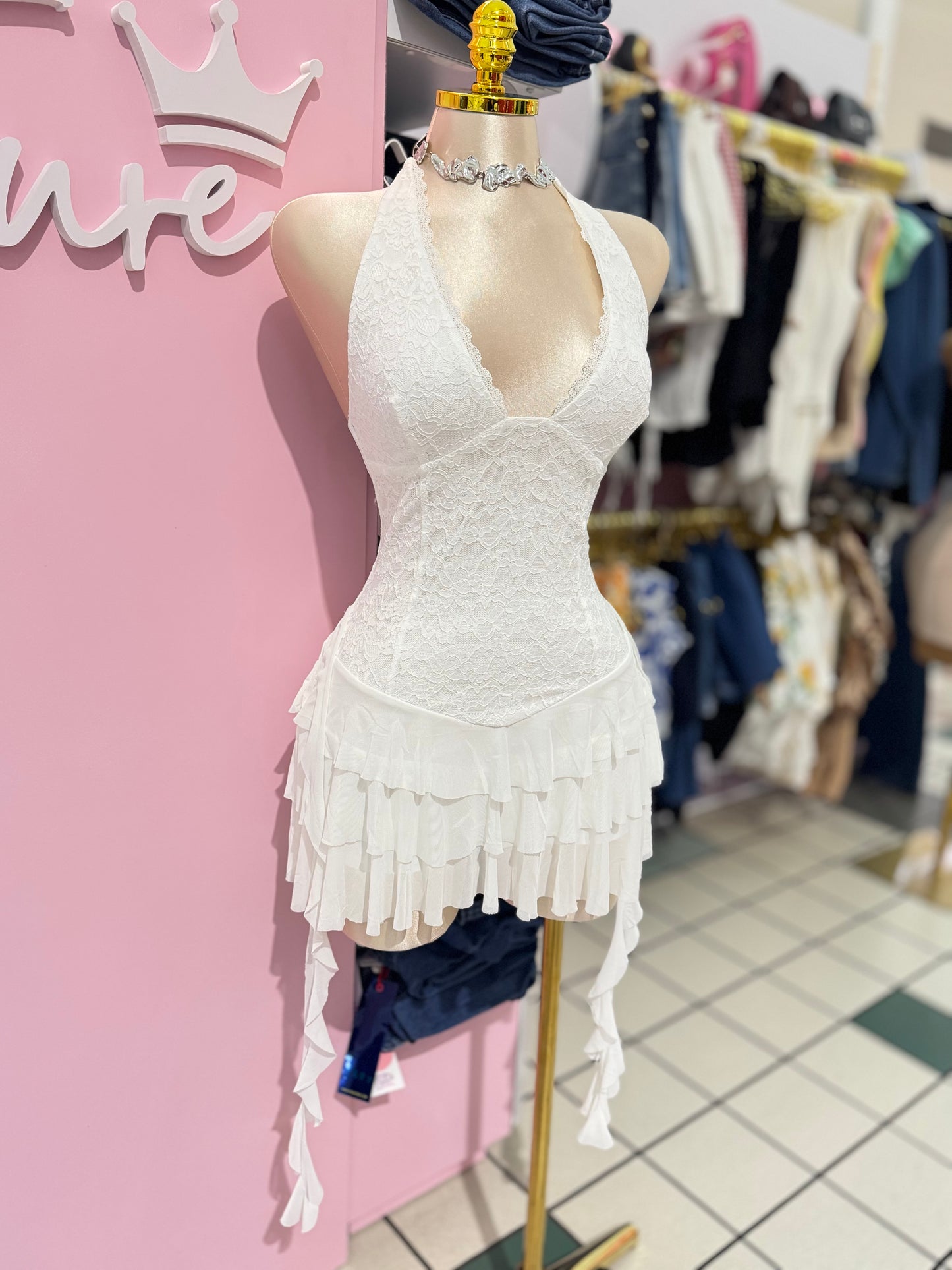 White Lace Ruffle Mini Dress