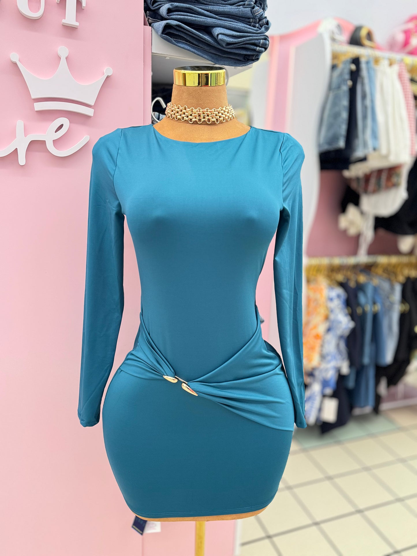 Open Back Long Sleeve Mini Dress - Teal