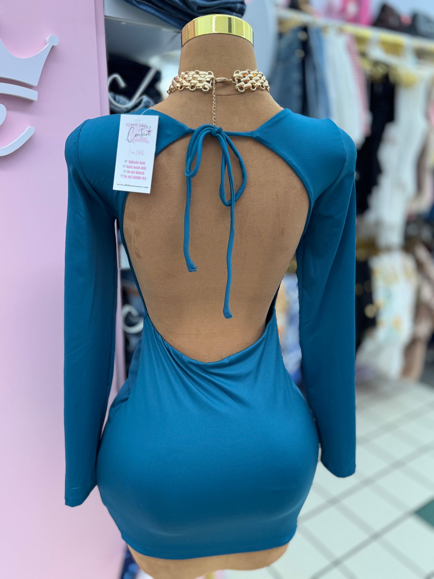 Open Back Long Sleeve Mini Dress - Teal
