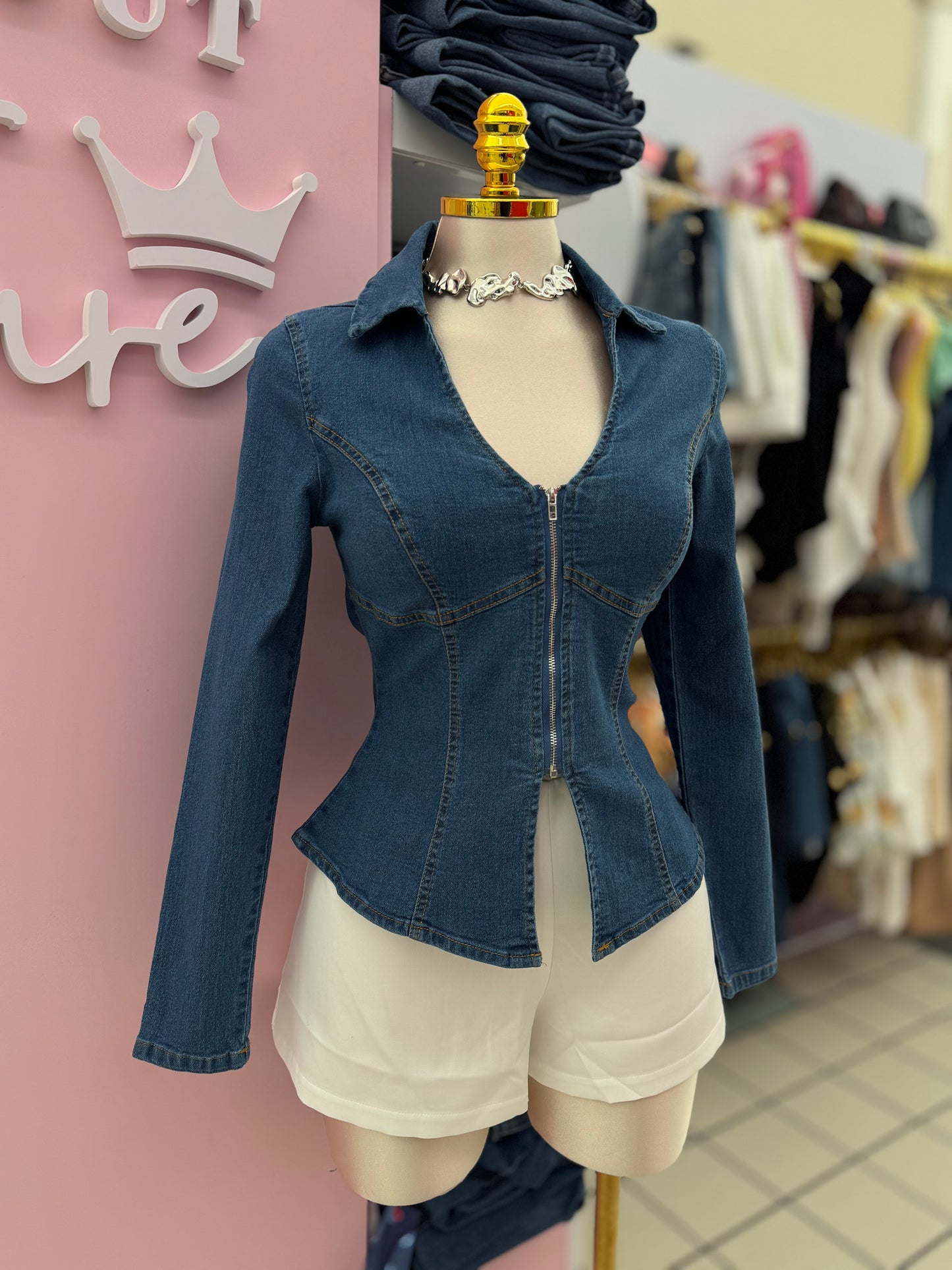 Denim Zip-Up Corset Blouse