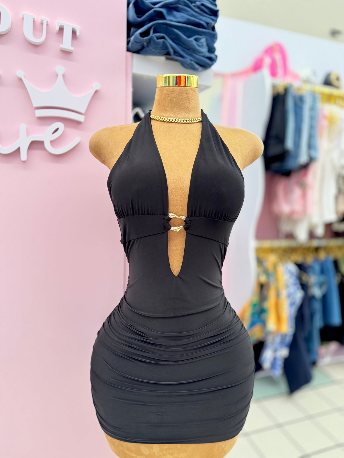 Golden Touch Halter Mini Dress - Black