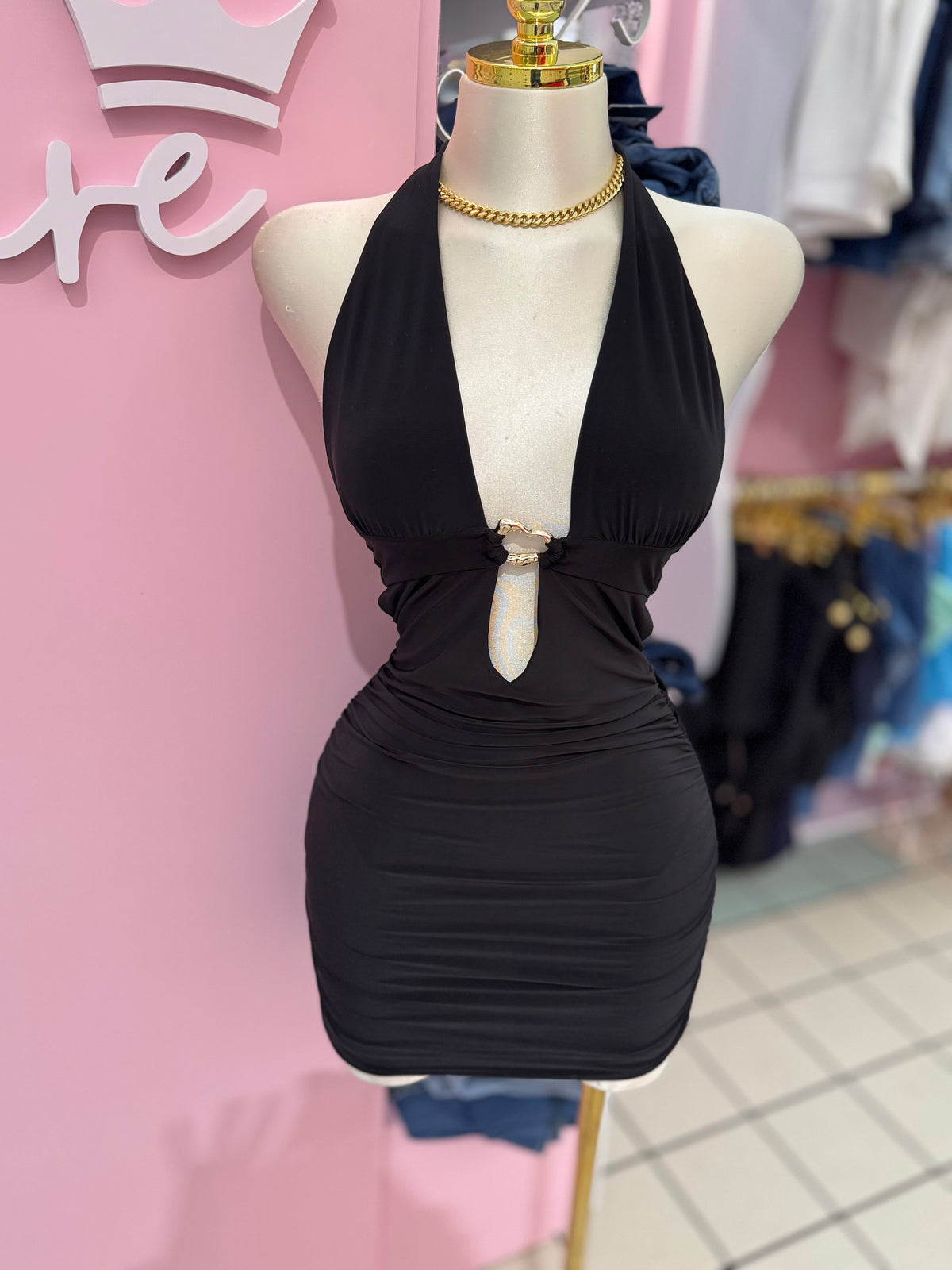 Gold Detail Halter Mini Dress