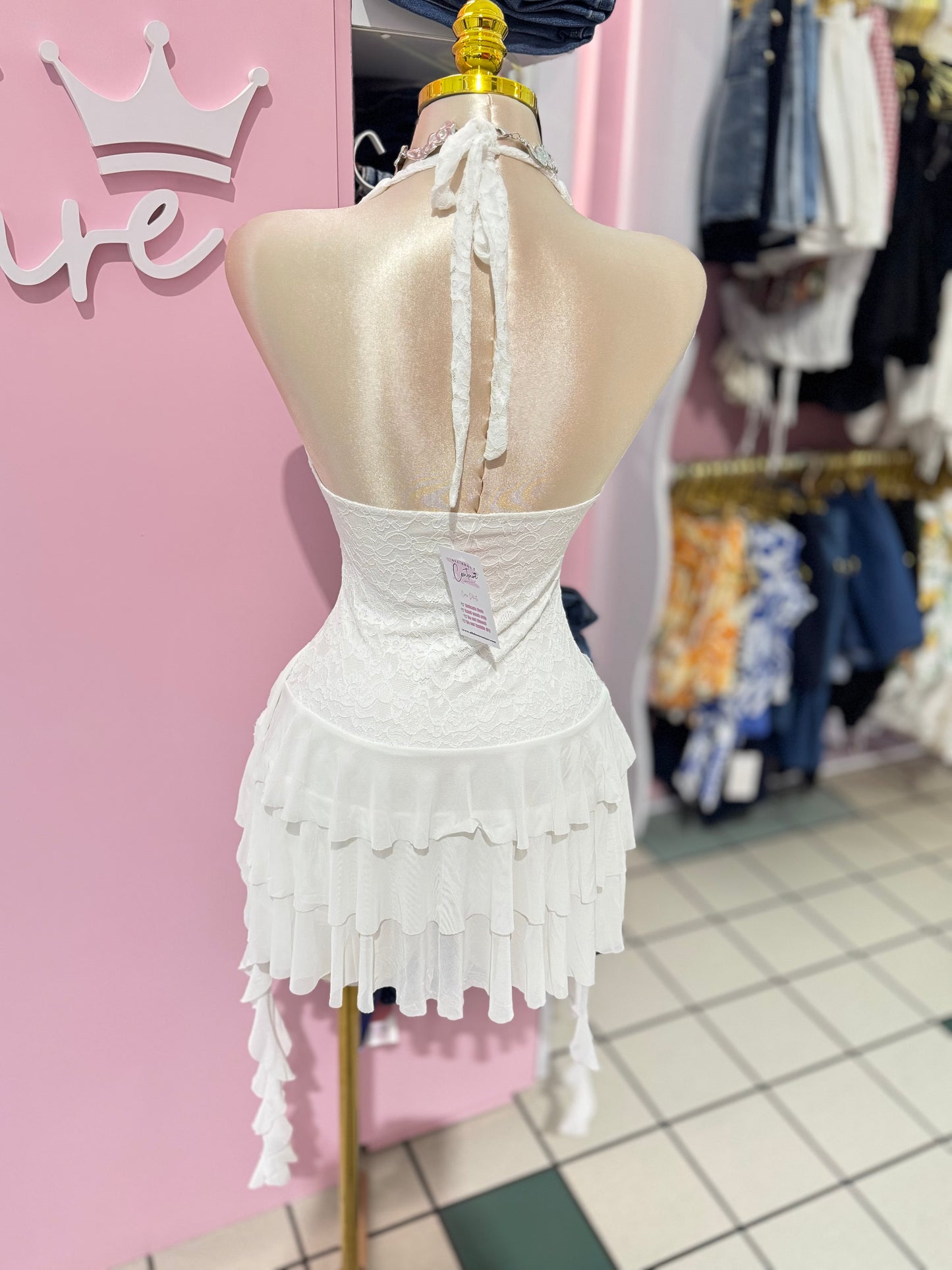White Lace Ruffle Mini Dress